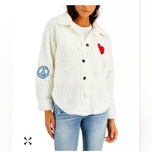 Almost Famous Crave Fame Juniors' Patch-Trimmed Button-Up Sherpa Shacket